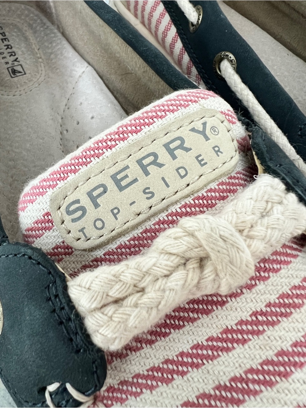 Sperry Navy Leather & Pink Striped Canvas Boat Shoes - Picture 4 of 7